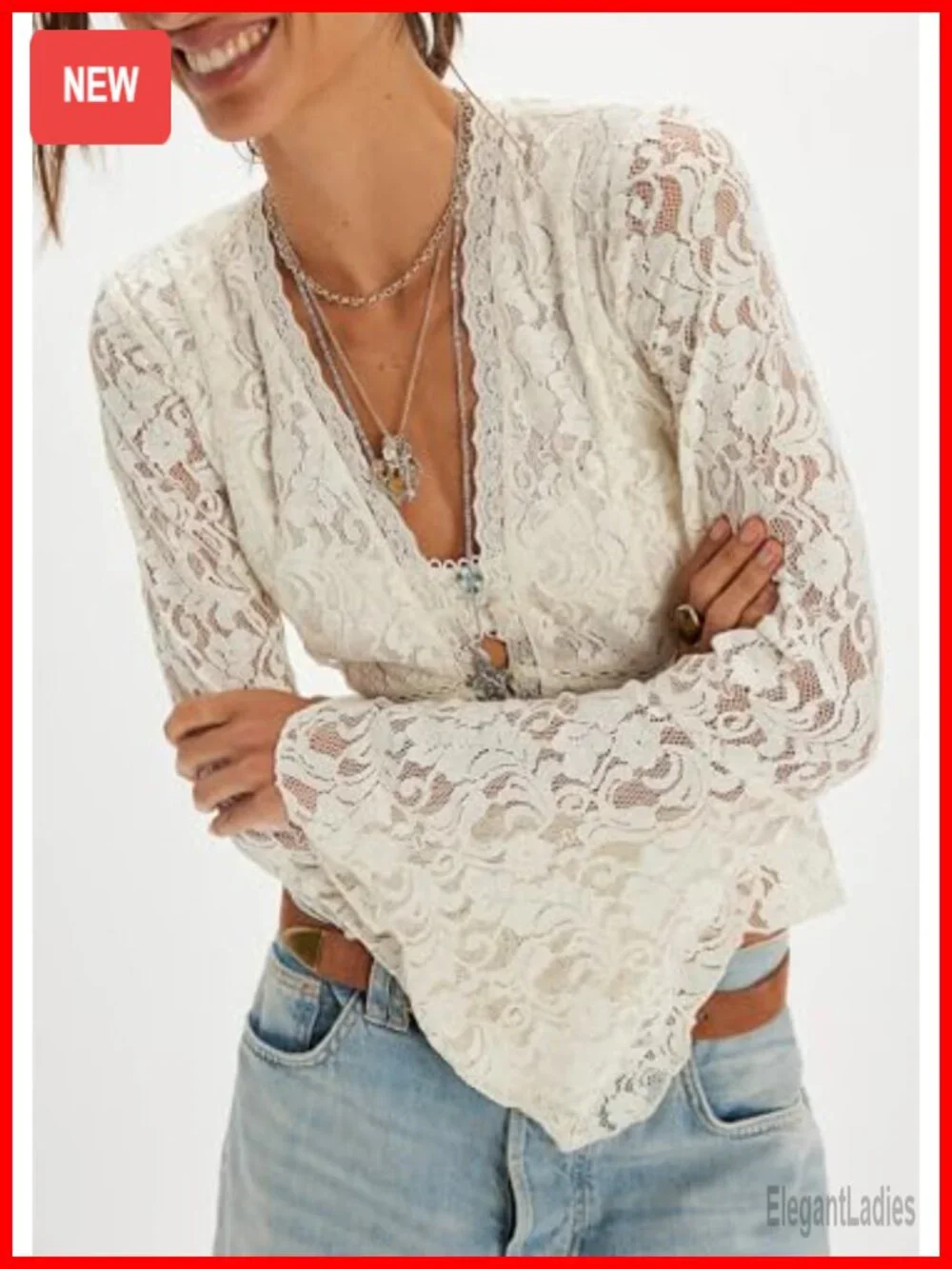 Sheer Lace Bell Sleeve Ruffle Poncho Blouse